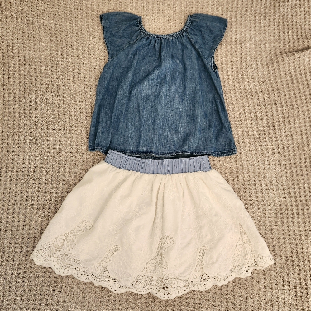 Denim Baby Doll Top and White Embroidered Skirt Set